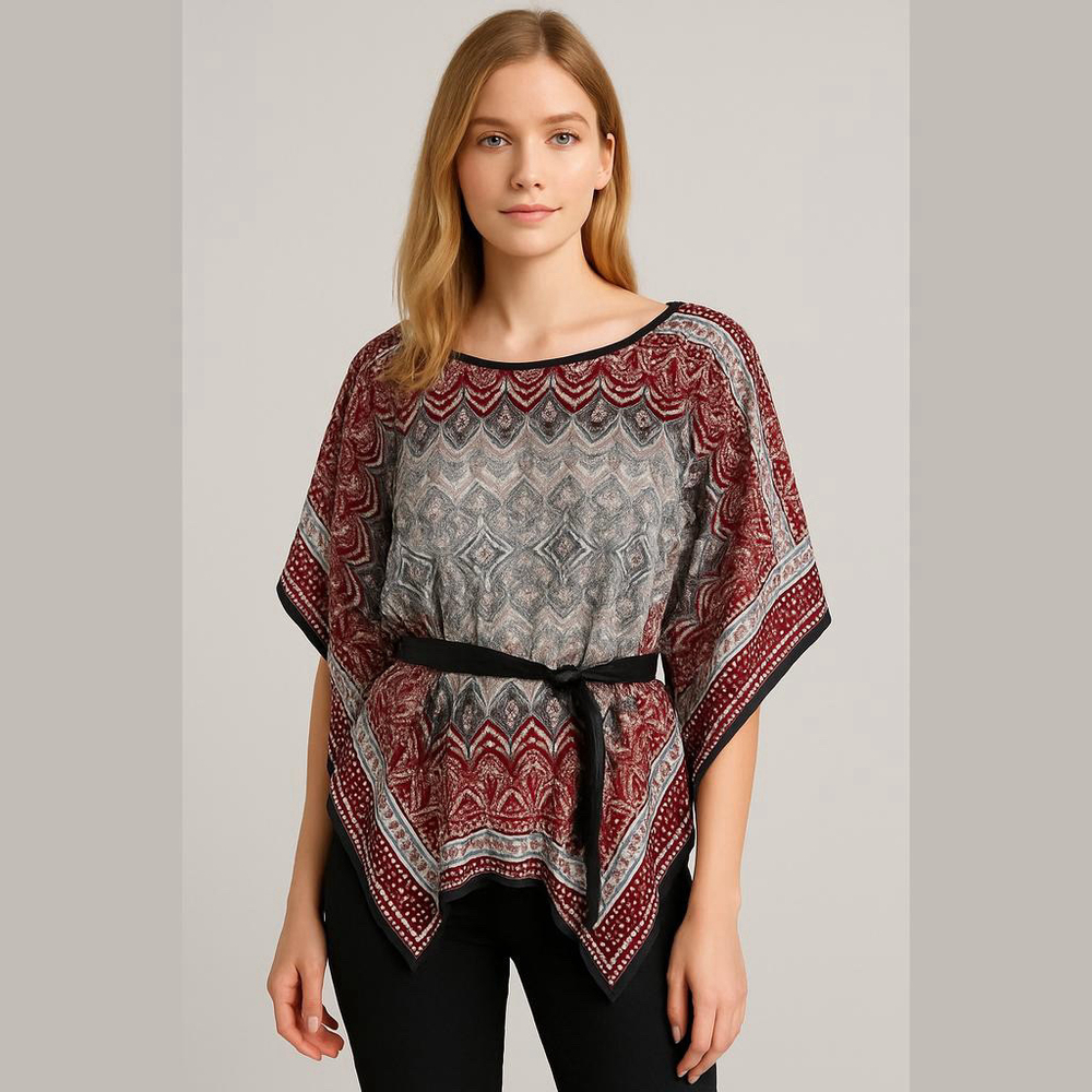 Unique Spectrum Top XL Boho Print Rayon Belt Detail
